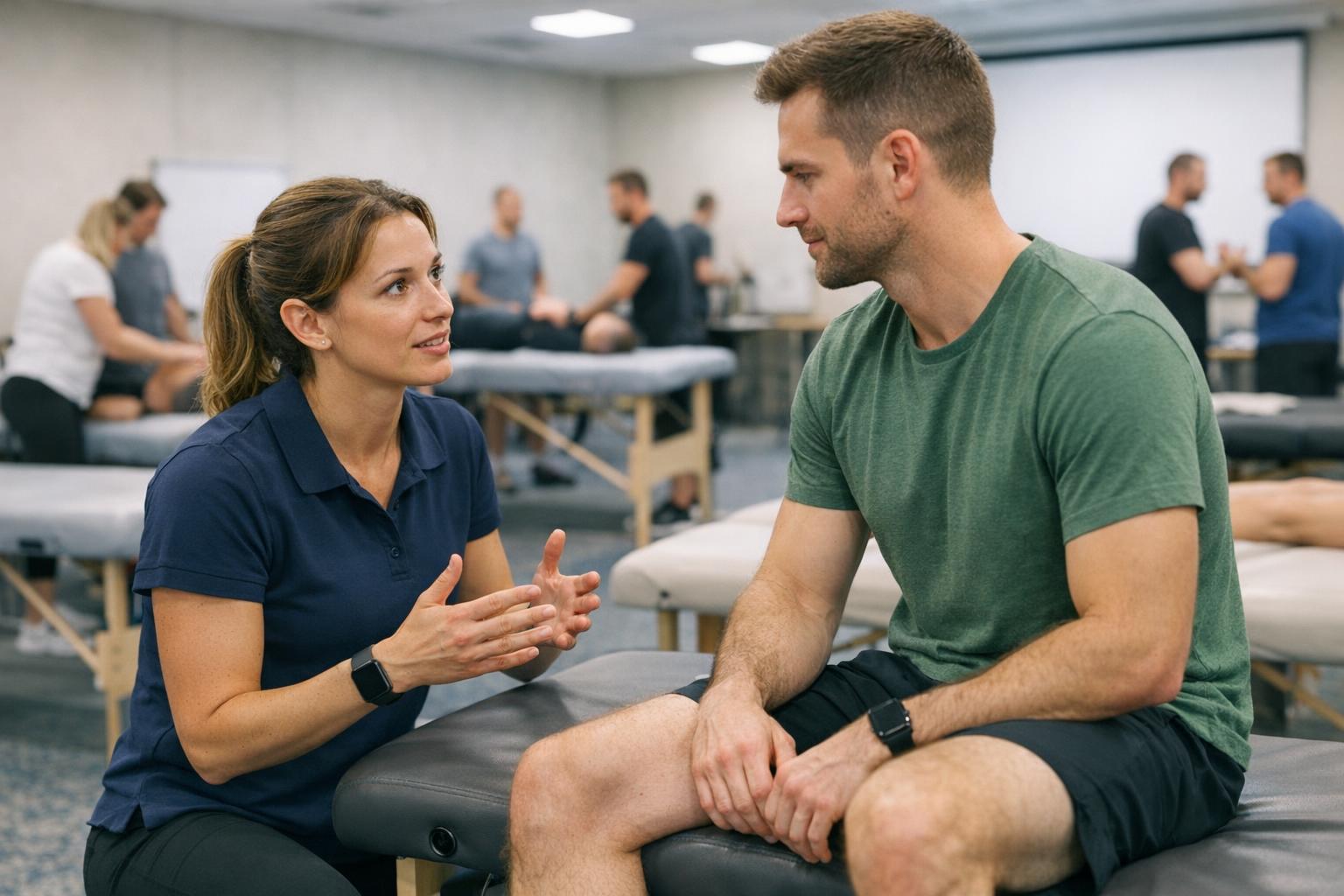 Konsultacja pomiędzy fizjoterapeutą a pacjentem podczas kursu w Poznaniu