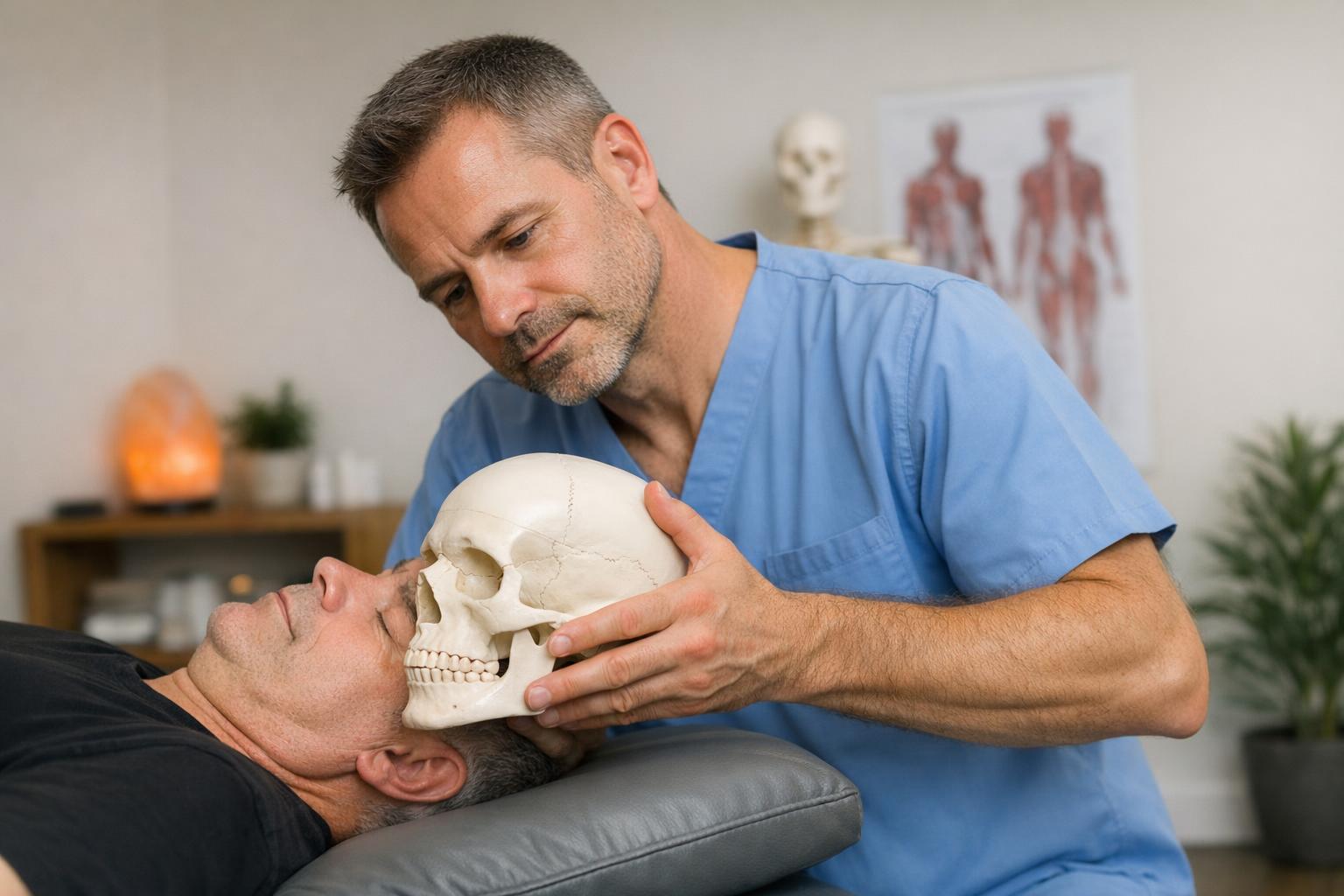 Terapeuta pracujący z czaszką pacjenta