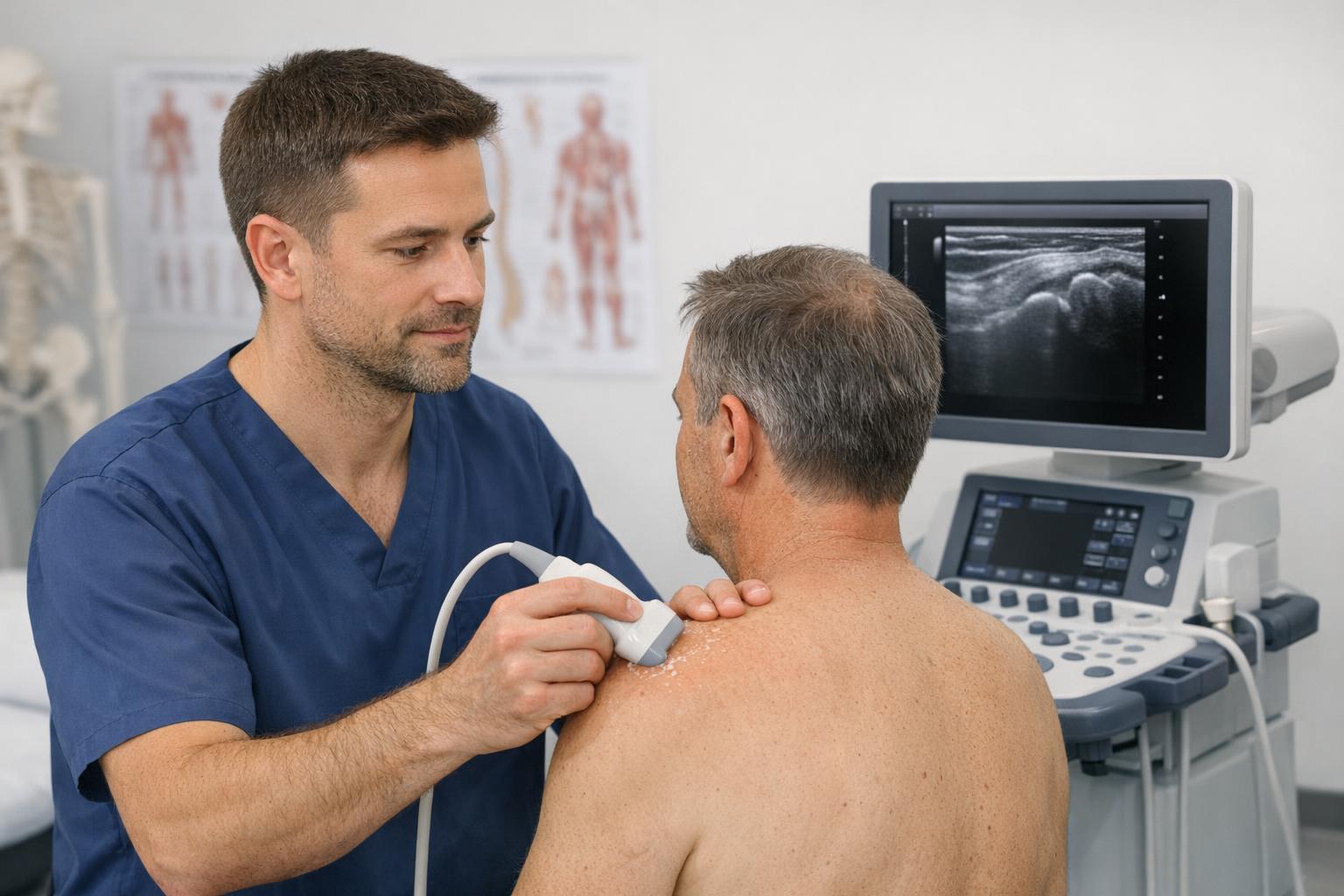 fizjoterapeuta wykonujący badanie ultrasonograficzne barku pacjenta