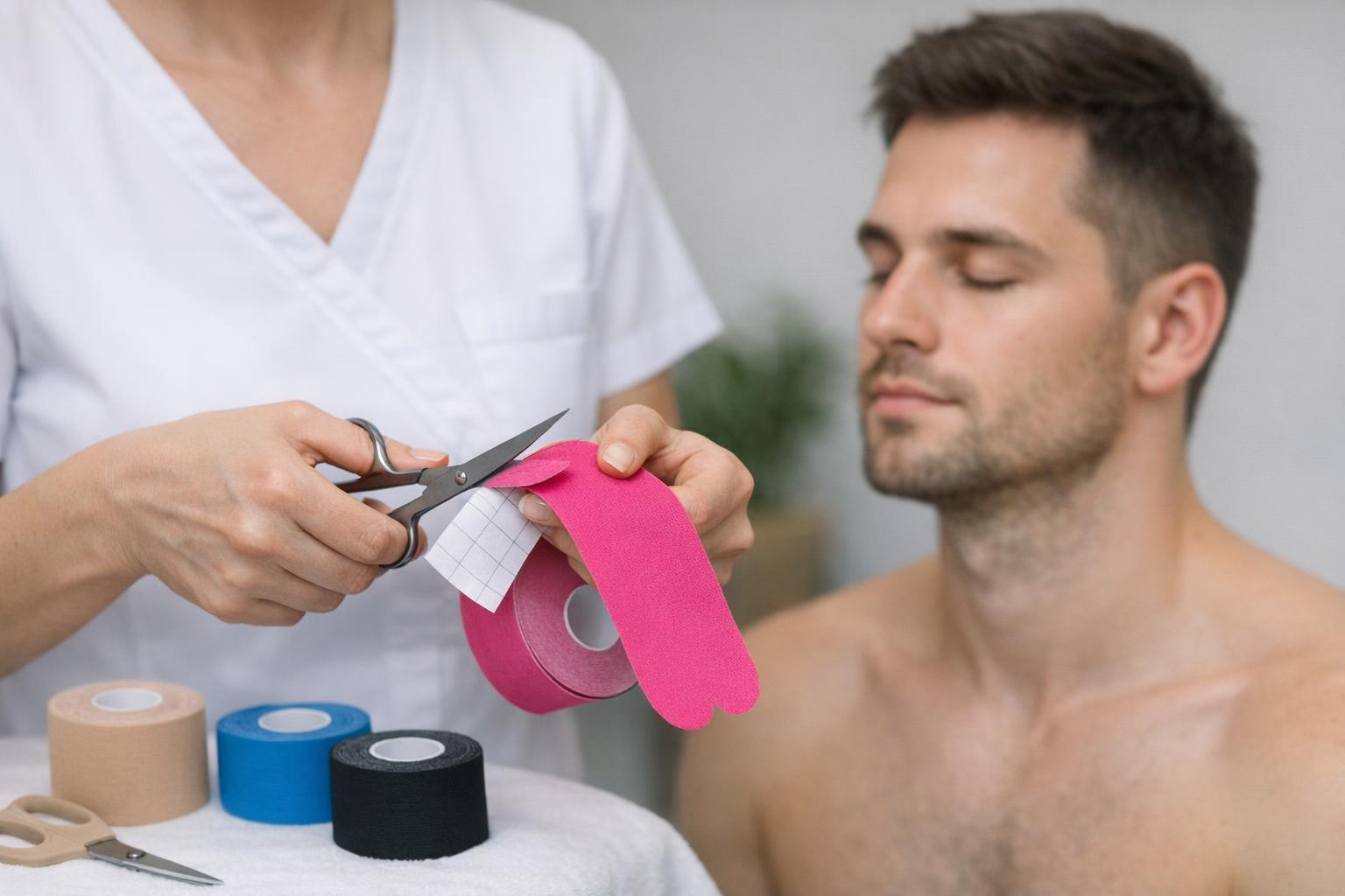 zdjęcie: terapeuta przygotowuje taśmę kinesiotaping do aplikacji na twarz modela