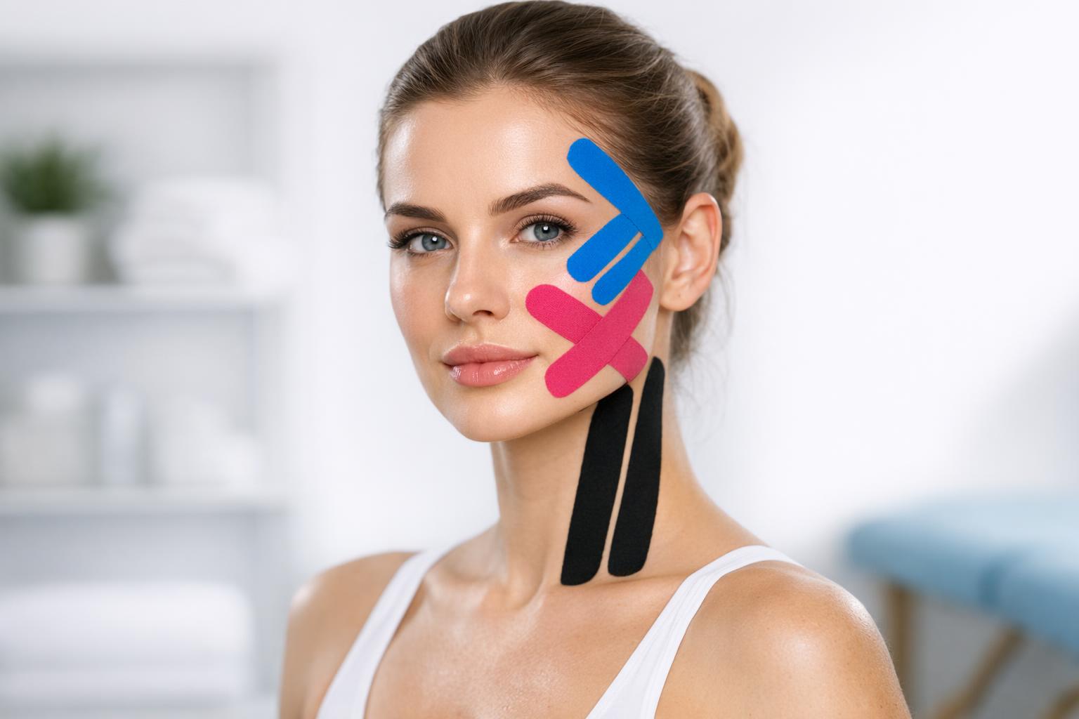 modelka z aplikacjami taśmy kinesiotaping na twarzy - zdjęcie demonstracyjne